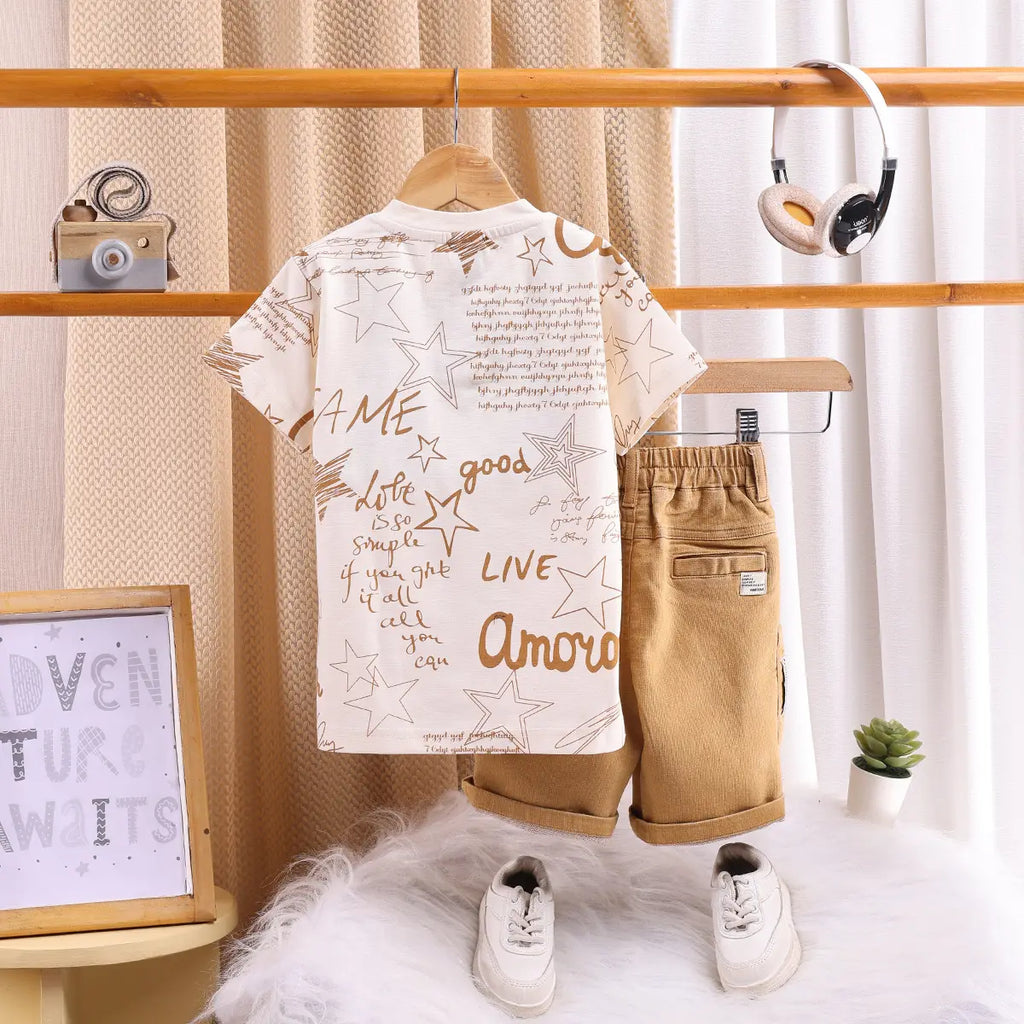Boys Khaki Typographic Short Sleeve T-Shirt With Elasticated Shorts Sets 2 pc. Sets
