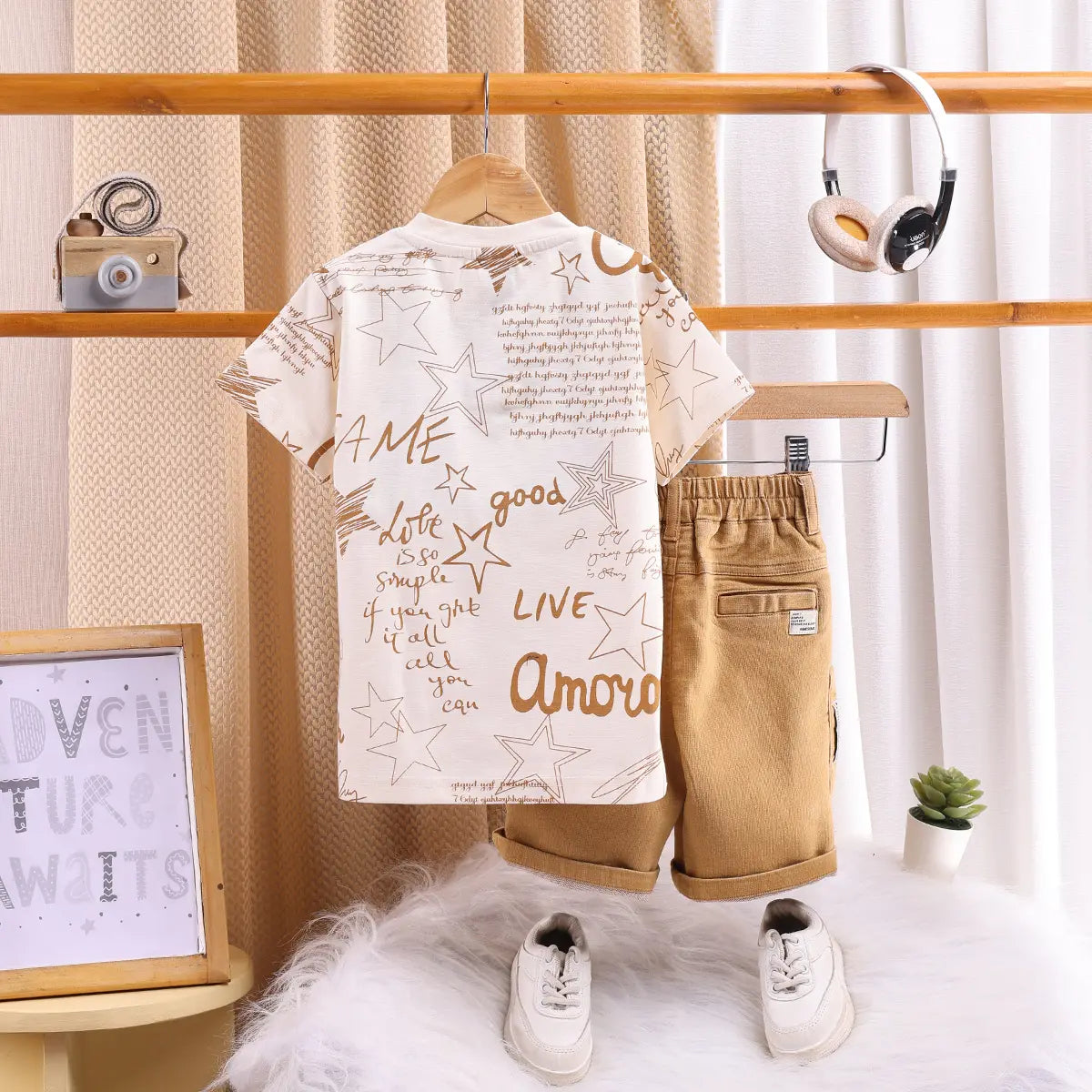 Boys Khaki Typographic Short Sleeve T-Shirt With Elasticated Shorts Sets 2 pc. Sets