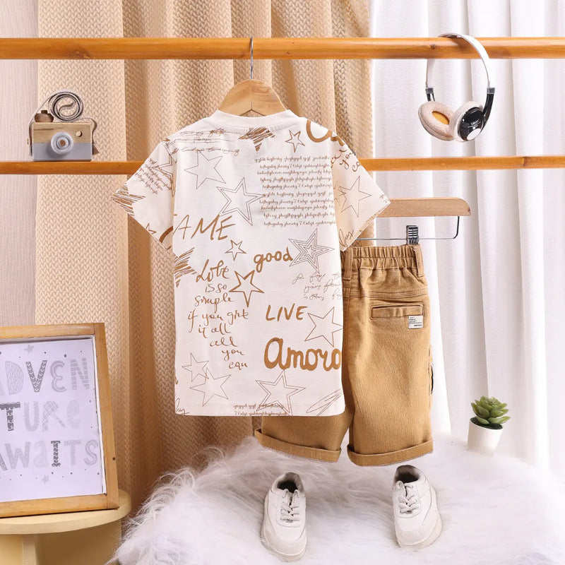 Boys Khaki Typographic Short Sleeve T-Shirt With Elasticated Shorts Sets 2 pc. Sets