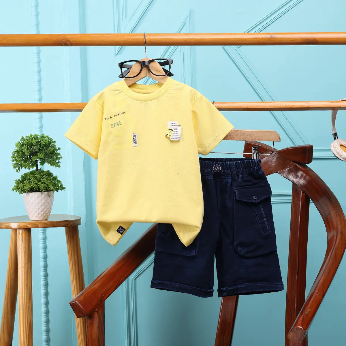 Boys Yellow Typographic Printed T-Shirt With Denim Shorts Sets 2 pc. Sets Yellow 2-3 Y