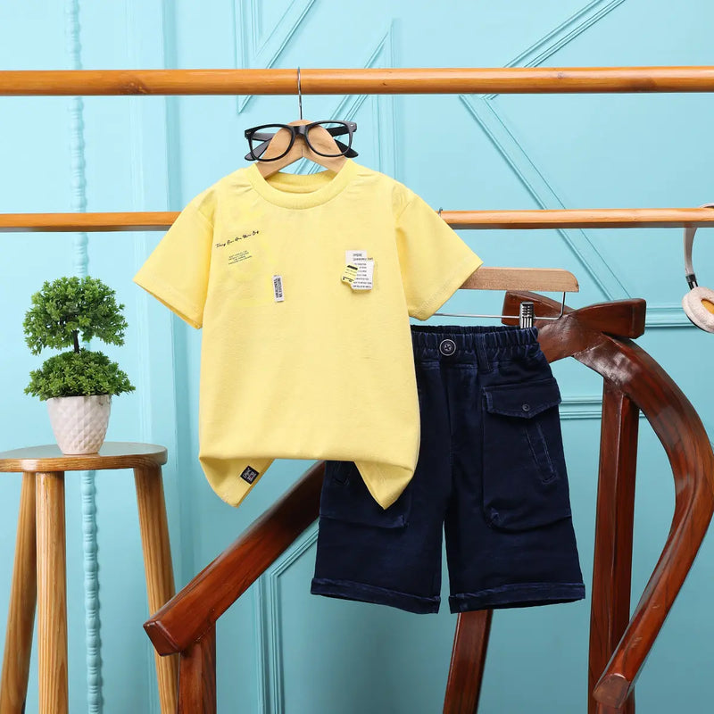 Boys Yellow Typographic Printed T-Shirt With Denim Shorts Sets 2 pc. Sets Yellow 2-3 Y