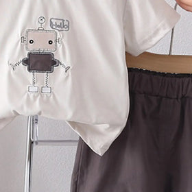 Boys Dark Grey Robot Embroidered T-Shirt With Shorts Sets Sets