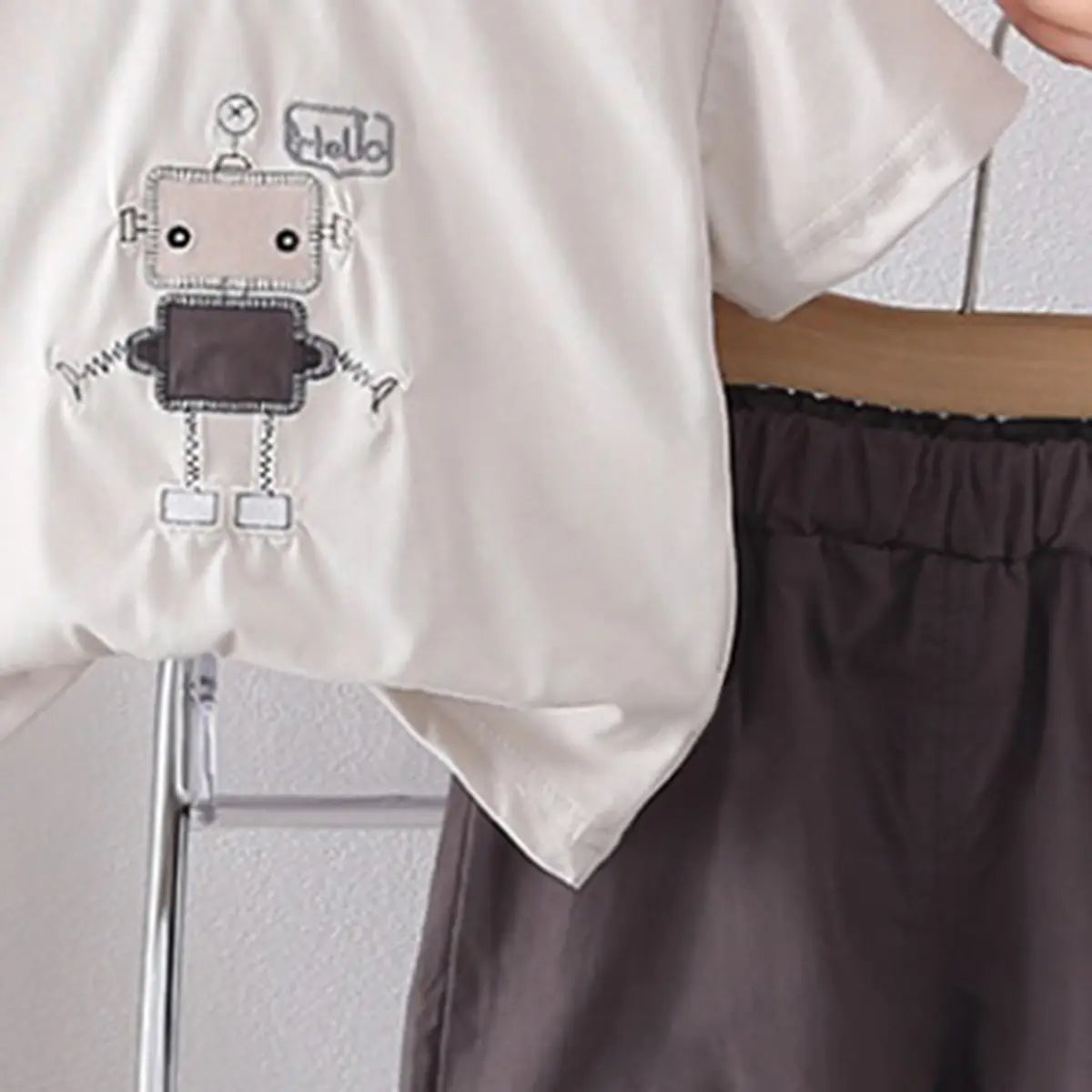 Boys Dark Grey Robot Embroidered T-Shirt With Shorts Sets Sets