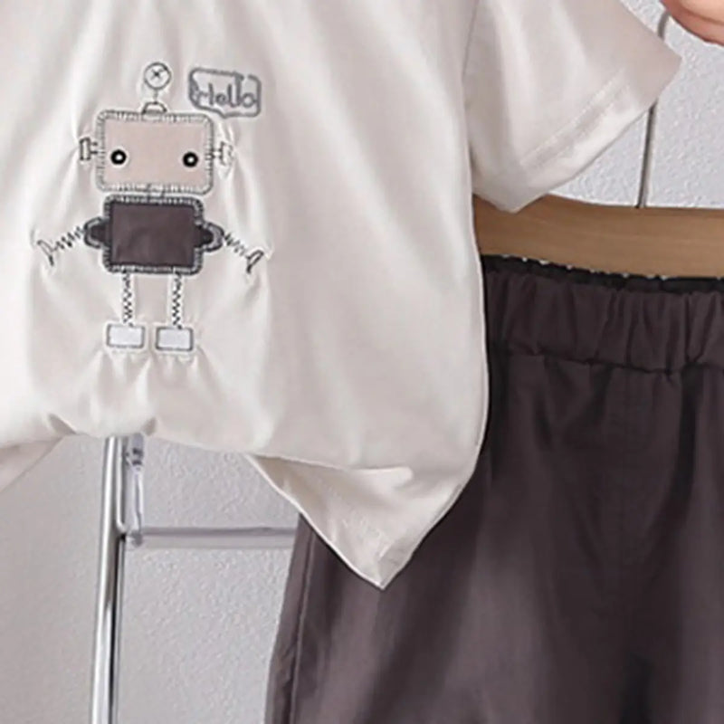Boys Dark Grey Robot Embroidered T-Shirt With Shorts Sets Sets