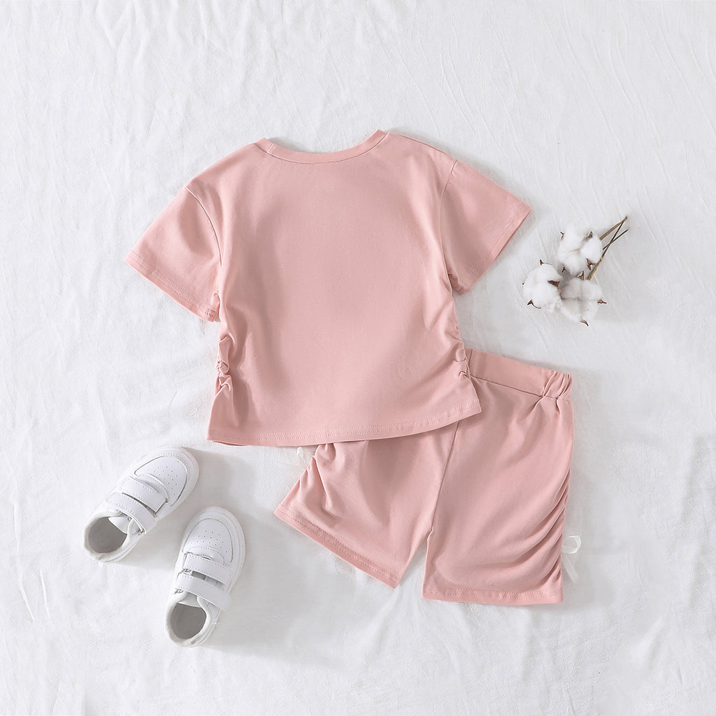 Girls Pink Bow Appliqued Short Sleeves Top With Shorts Set 2 pc. Sets