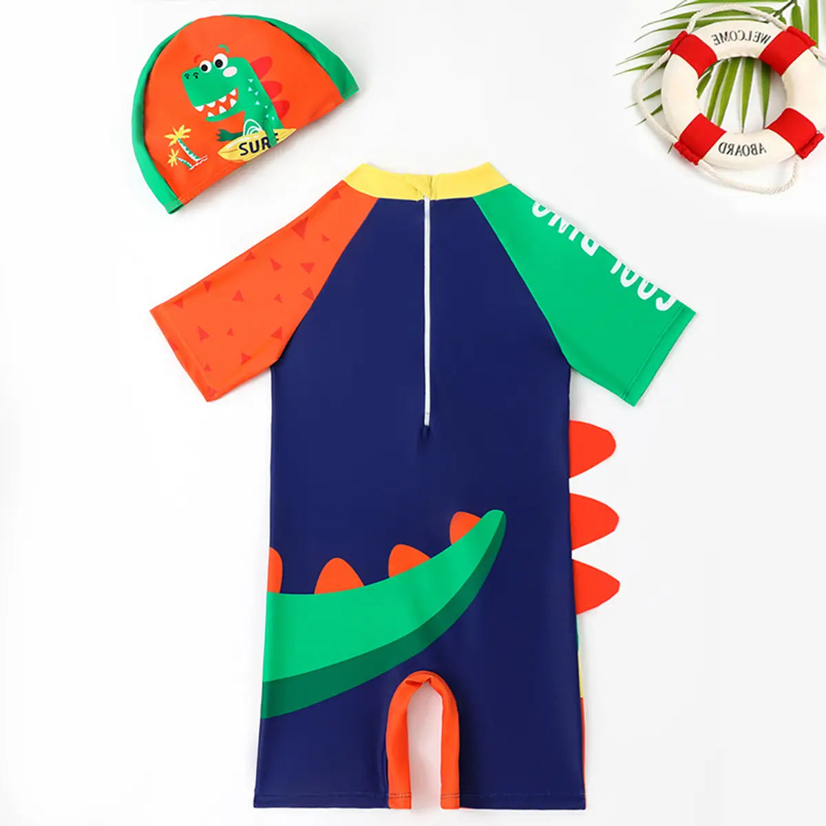 Boys Multicolor Dinosaur Print Swimwear Bodysuit With Swim Cap Beachwear