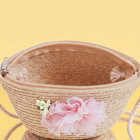 Girls Pink Floral Applique Cotton Straw Sling Bag Sling Bags