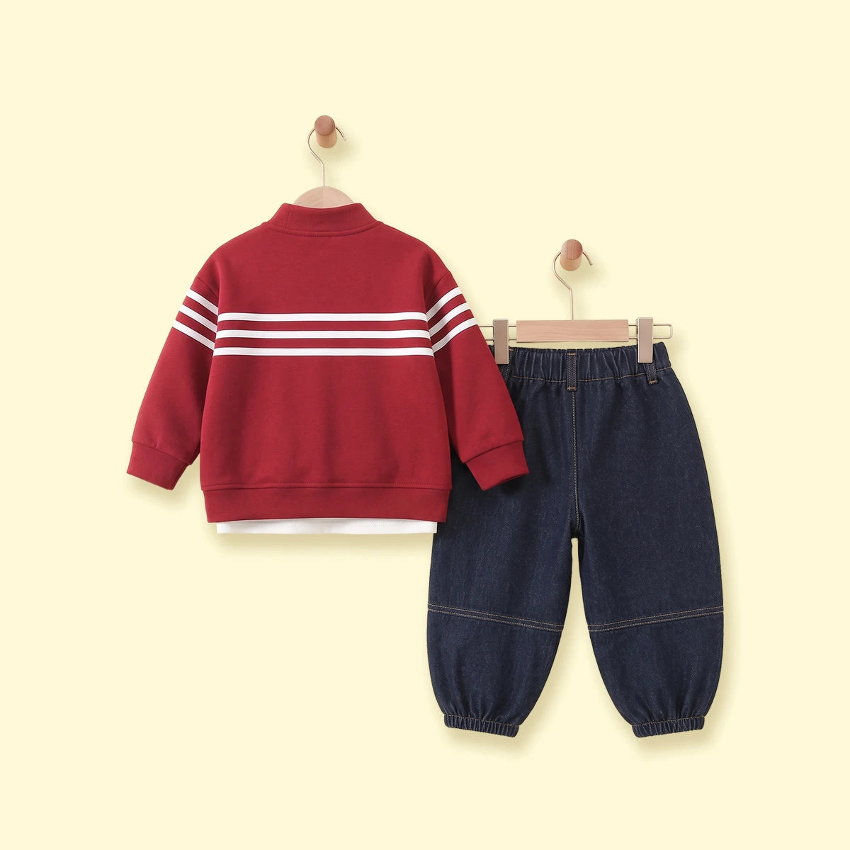 Boys Red Striped Jacket With Denim Pants Sets Sets