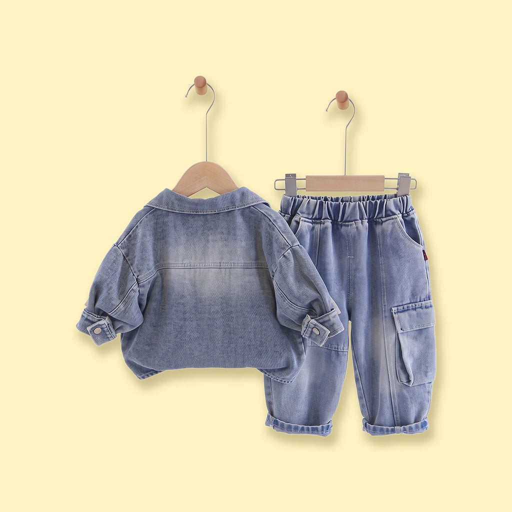 Boys Light Blue Denim Shacket & Cargo Pants With T-Shirt Sets Sets