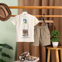 Boys Apricot Typographic Printed T-Shirt With Cargo Shorts Sets Sets