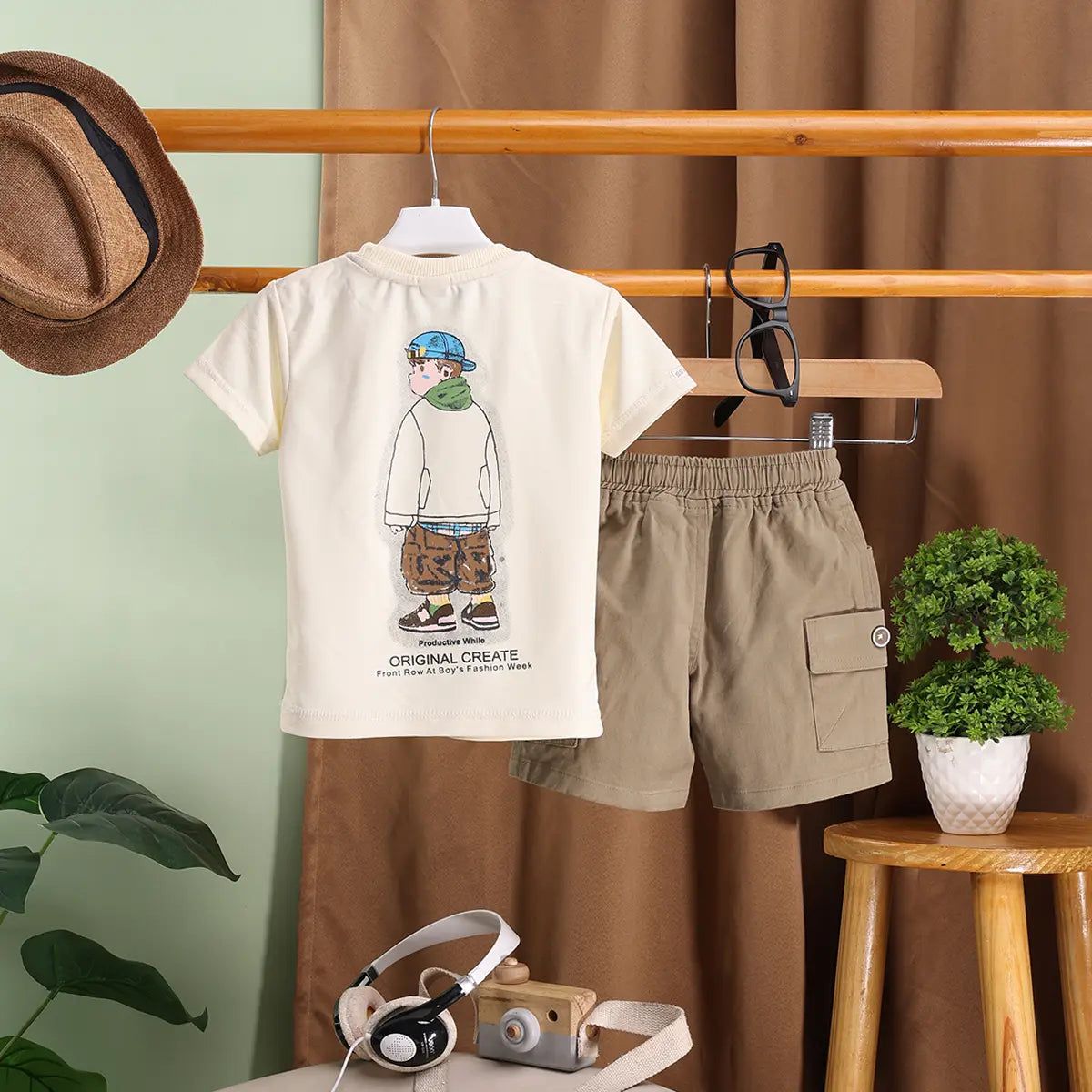 Boys Apricot Typographic Printed T-Shirt With Cargo Shorts Sets Sets