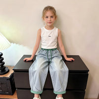 Girls Blue Relaxed Fit Denim Jeans with Drawstring Pants Blue 5-6 Y