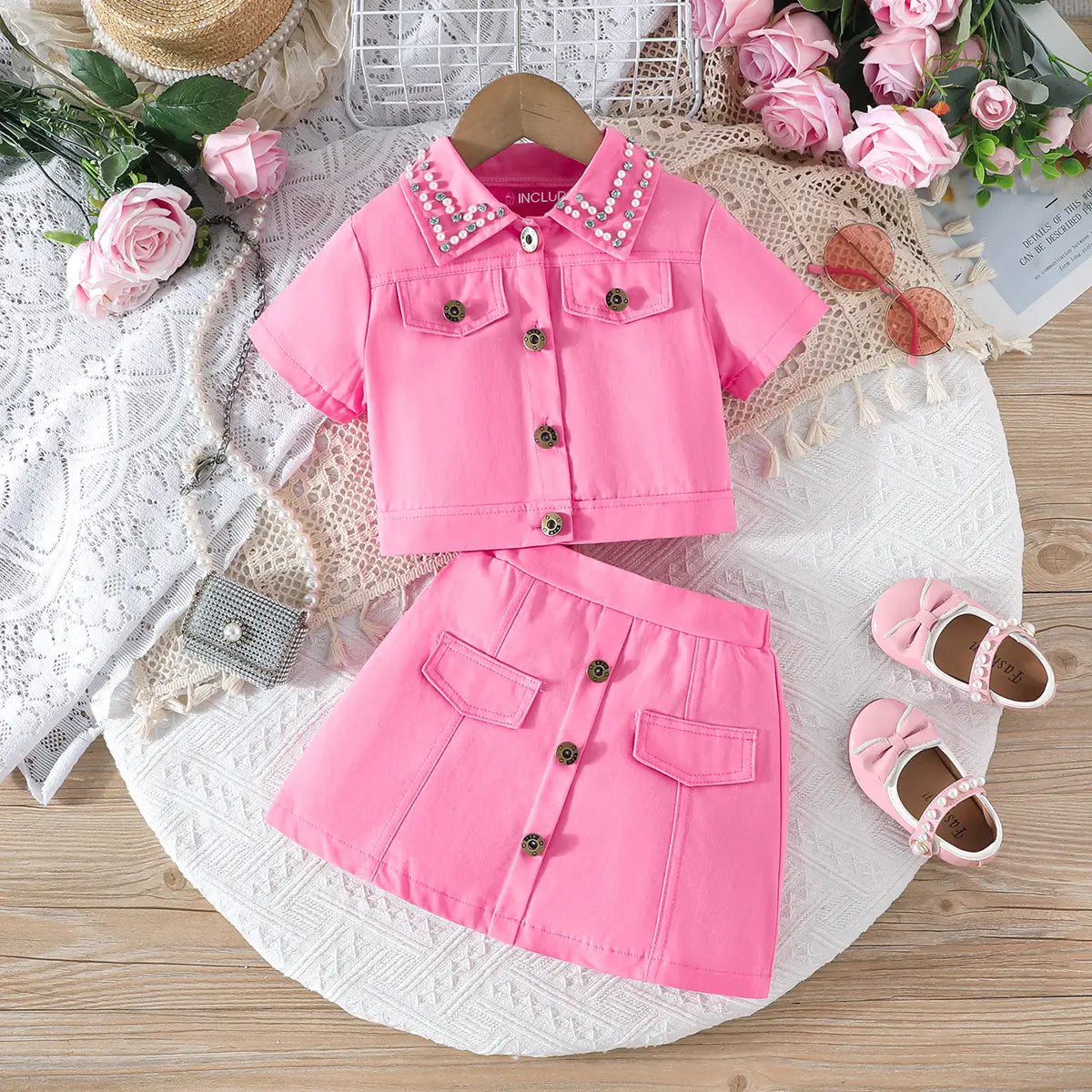 Girls Pink Self-Design Crop Length Top With Skirt Sets 2 pc. Sets Pink 2-3 Y
