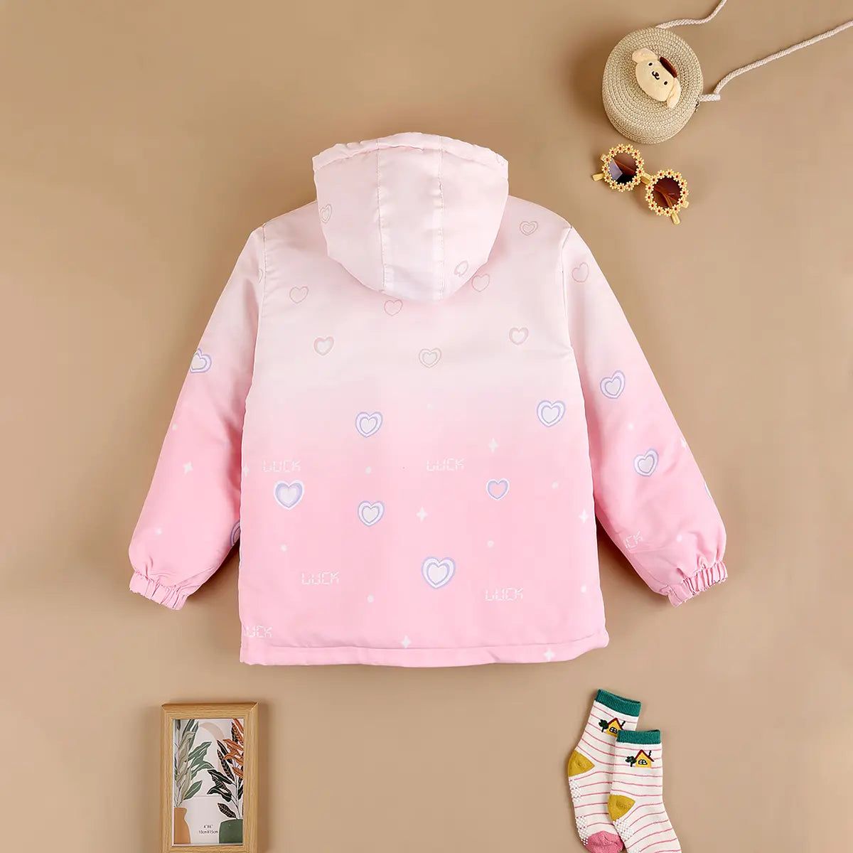 Girls Pink Heart Printed Reversible Hooded Zipper Jacket Coats & Jackets