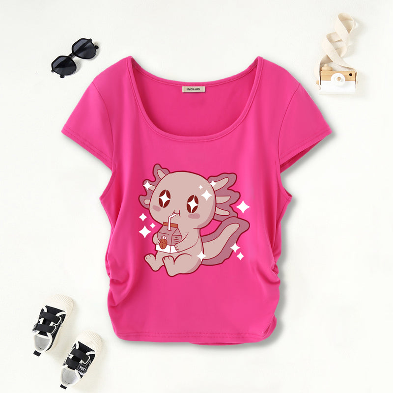 Girls Fuchsia Graphic Short Sleeves Scoop Neck T-Shirt Tshirts Fuchsia 7-8 Y