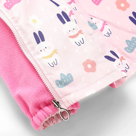 Girls Light Pink Rabbit Reversible Printed Hooded Zipper Jacket Coats & Jackets