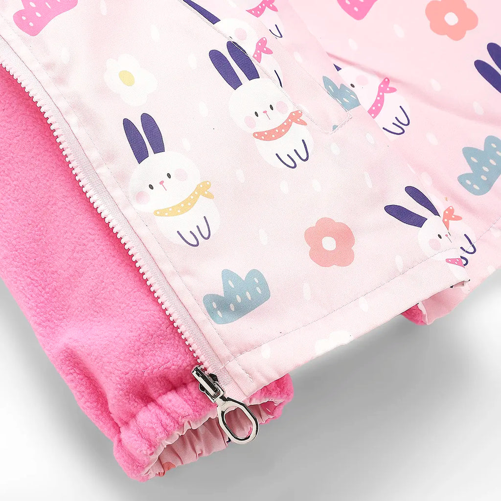 Girls Light Pink Rabbit Reversible Printed Hooded Zipper Jacket Coats & Jackets