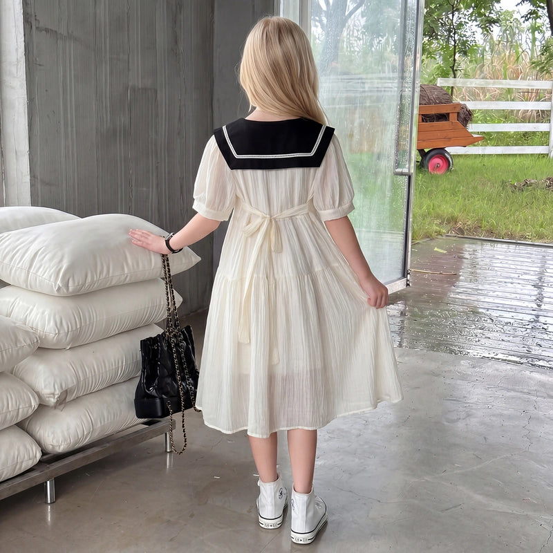 Girls Cream Puff Sleeve Tiered Dress Casual Dresses