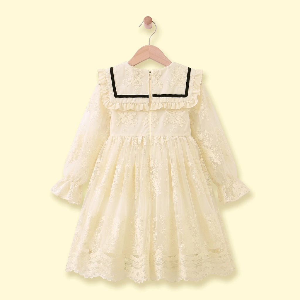 Girls Cream Floral Lace Long Sleeve A-Line Dress Casual Dresses
