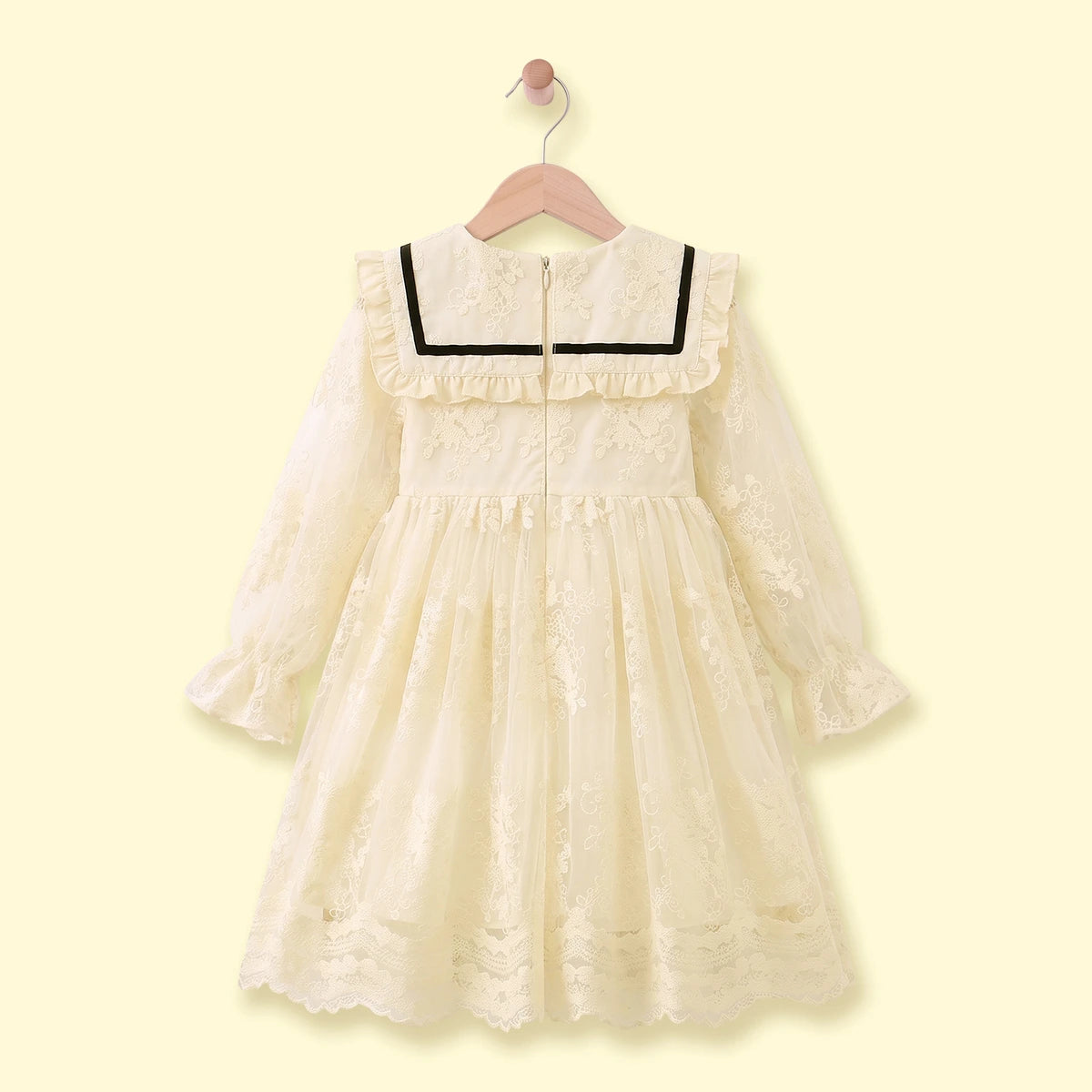Girls Cream Floral Lace Long Sleeve A-Line Dress Casual Dresses
