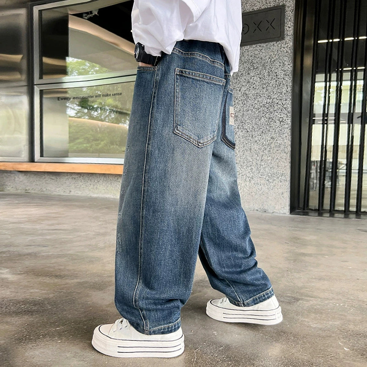 Boys Blue Embroidered Loose Fit Denim Jeans Pants