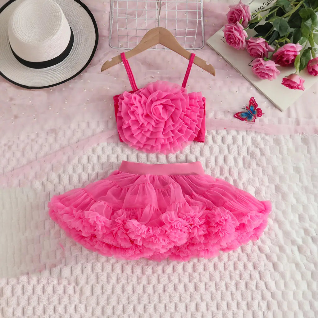 Girls Fuchsia 3D Floral Ruffle Top With Tiered Tulle Tutu Skirt Sets Sets Fuchsia 2-3 Y