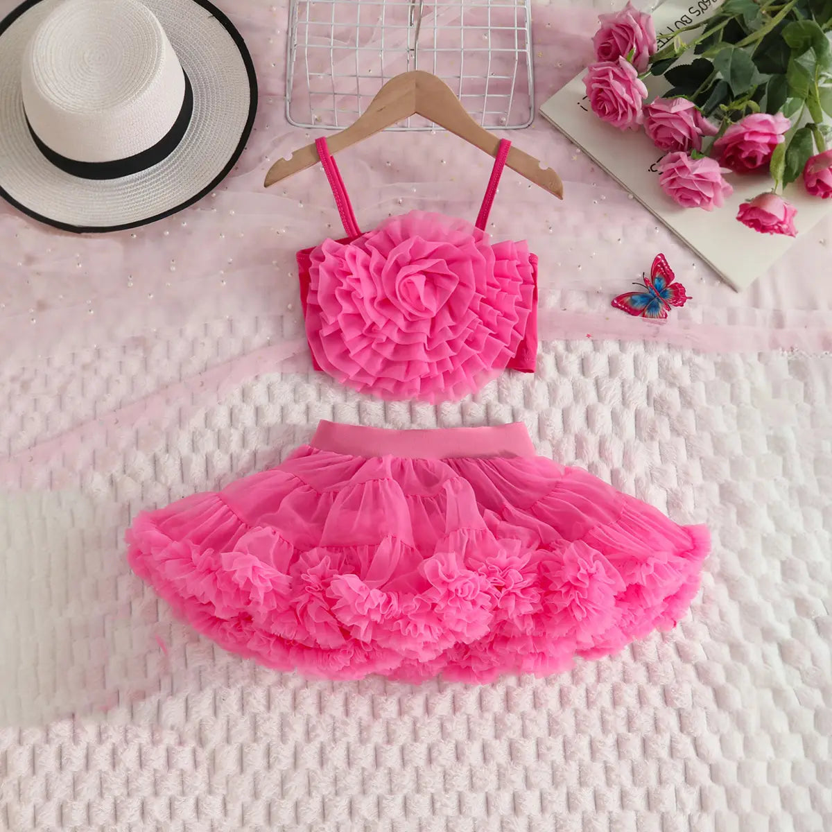 Girls Fuchsia 3D Floral Ruffle Top With Tiered Tulle Tutu Skirt Sets Sets Fuchsia 2-3 Y