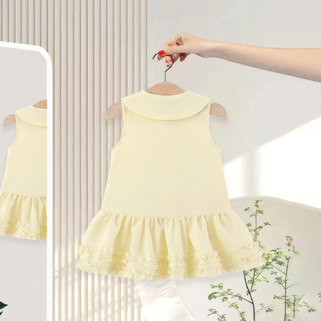 Girls Lime Yellow Peter Pan Collar Drop-Waist Dress With Bow Details Casual Dresses