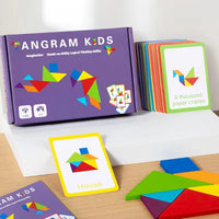 Kids Multicolor Wooden Tangram Puzzle Set with Cards Trending Accessories