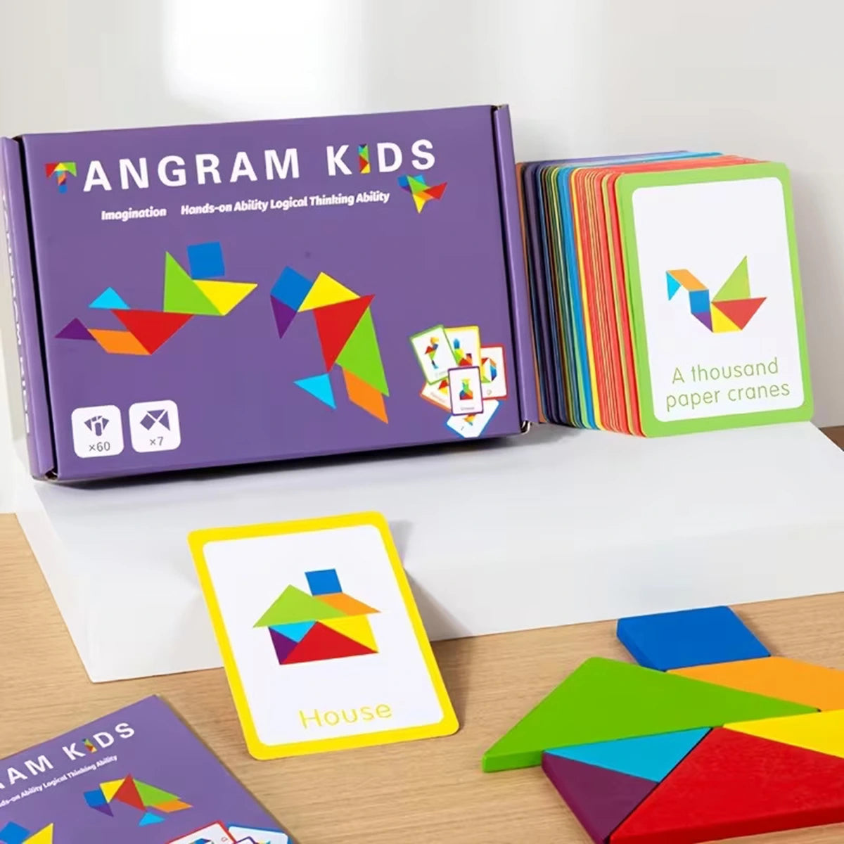 Kids Multicolor Wooden Tangram Puzzle Set with Cards Trending Accessories
