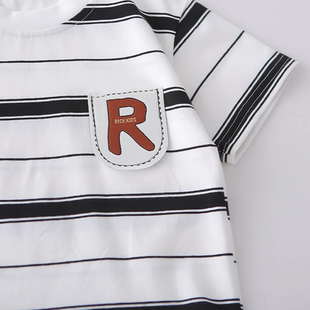 Boys White Stripes Short Sleeves T-Shirt With Denim Shorts Set Sets