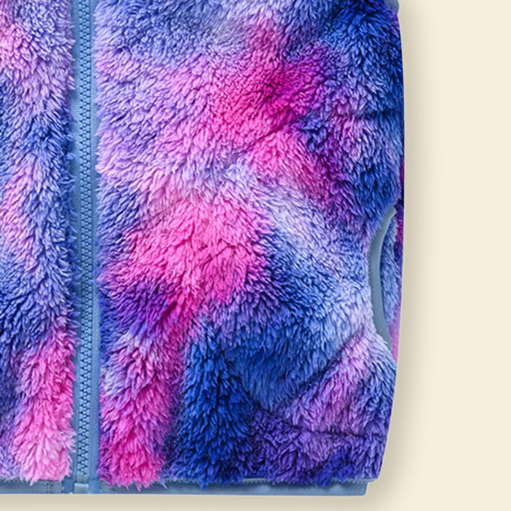 Girls Blue Tie-Dye Printed Fleece Front Zipper Sleeveless Winter Jacket Coats & Jackets