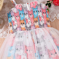 Girls Multicolor Cat Print Smocked Fit & Flare Dress Casual Dresses