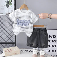 Boys White Typographic Print T-Shirt With Denim Shorts Sets Sets White 1-2 Y