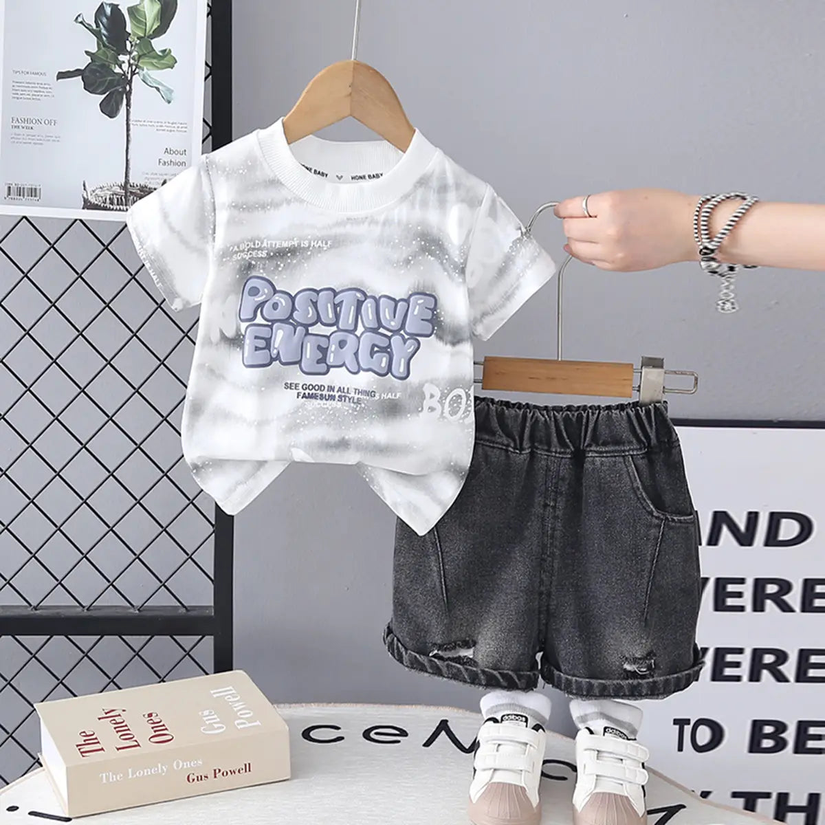 Boys White Typographic Print T-Shirt With Denim Shorts Sets Sets White 1-2 Y