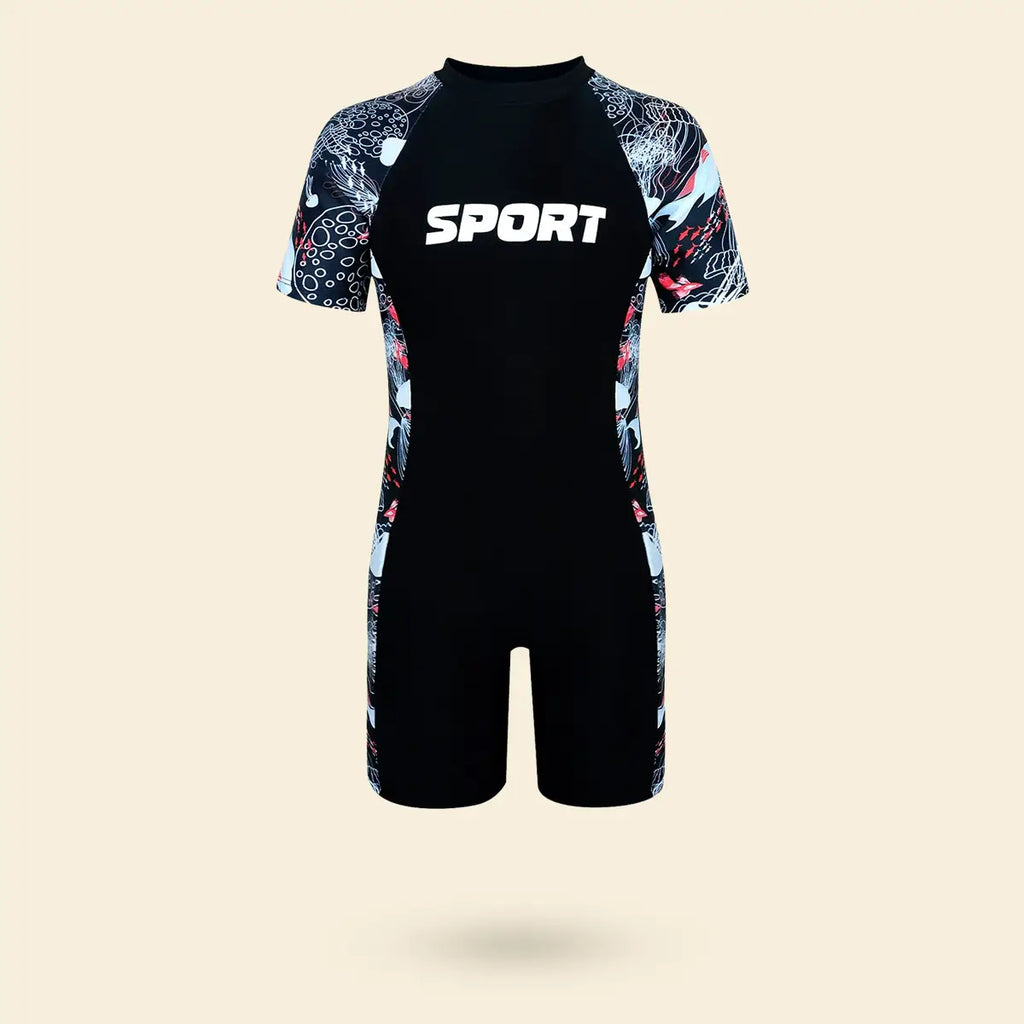 Boys Black Typographic Short Sleeves Swimwear Bodysuit Beachwear Black 7-8 Y