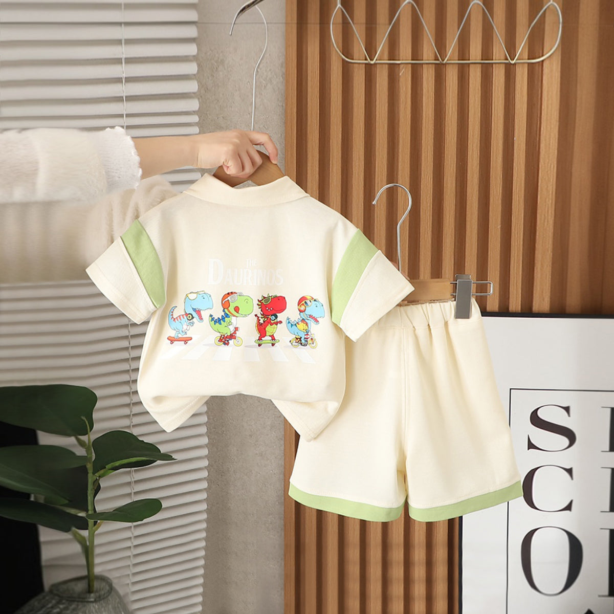 Boys Beige Graphic Printed Color-blocked Polo T-Shirt With Shorts Set 2 pc. Sets