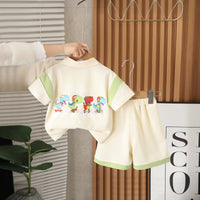 Boys Beige Graphic Printed Color-blocked Polo T-Shirt With Shorts Set 2 pc. Sets