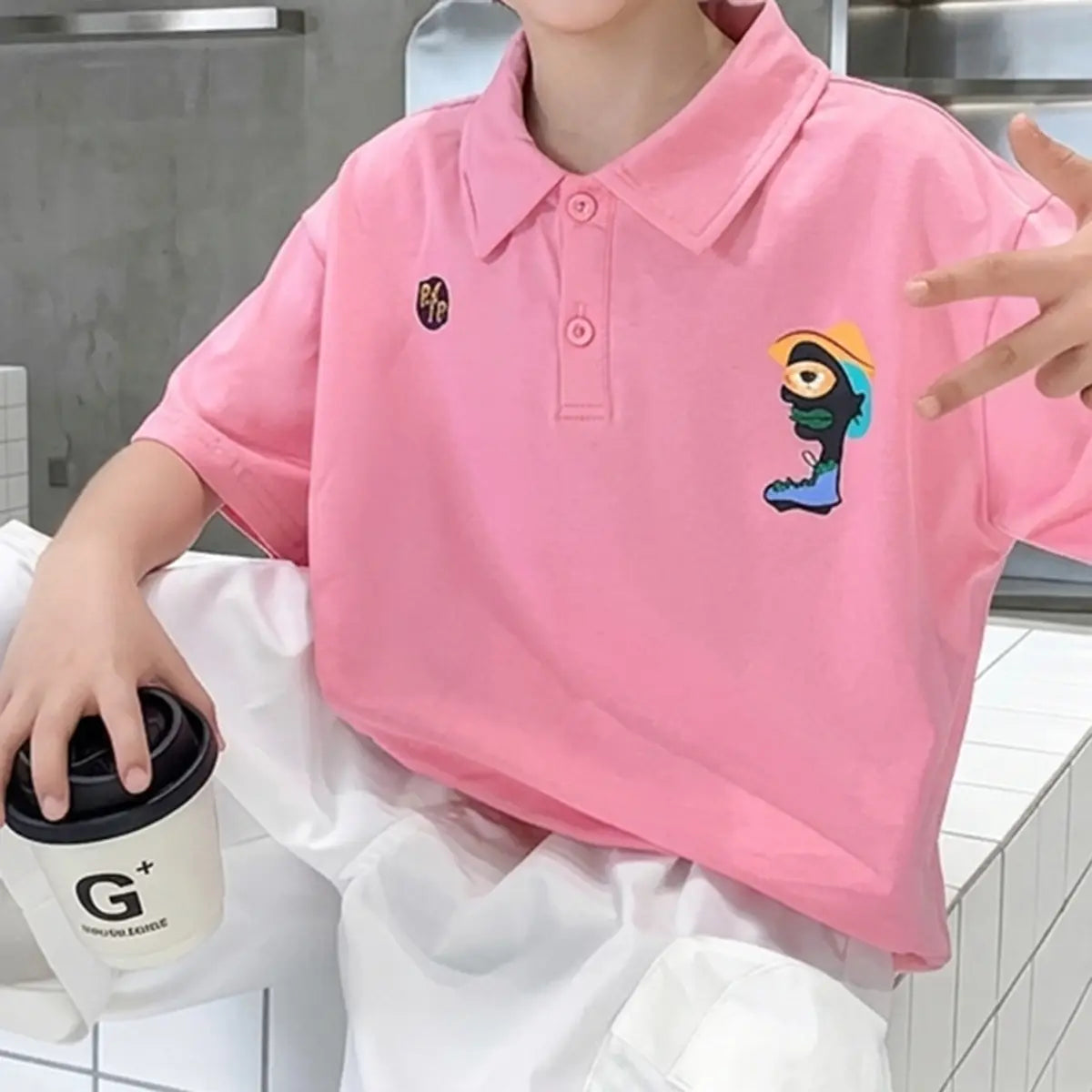 Boys Pink Graphic Polo T-Shirt With Shorts Sets Sets