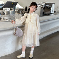 Girls Off White Embroidered Tiered Party Dress With Long Sleeves Party Dresses