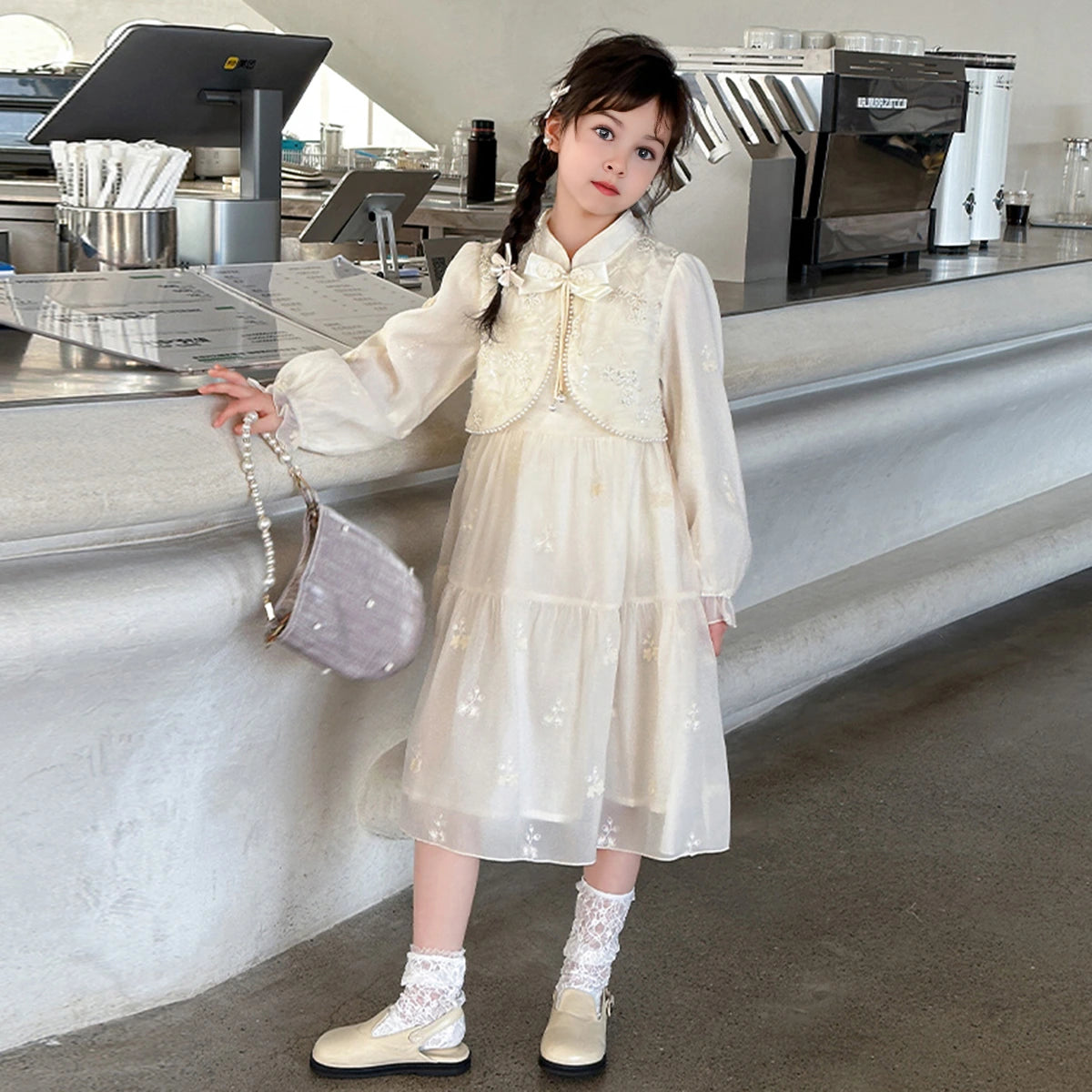 Girls Off White Embroidered Tiered Party Dress With Long Sleeves Party Dresses