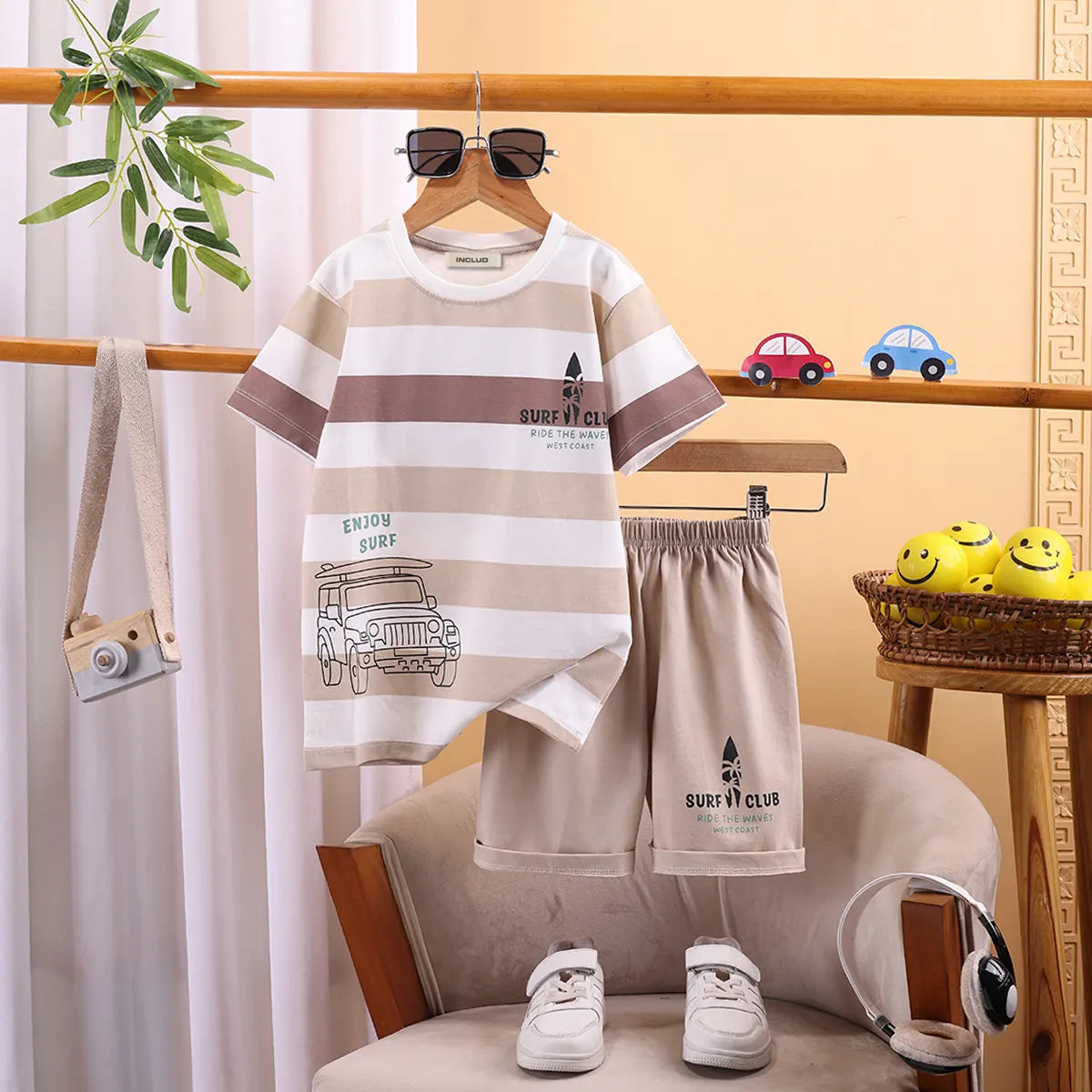 Boys Khaki Stripes And Graphic Print T-Shirt With Elasticated Shorts Sets 2 pc. Sets Khaki 3-4 Y