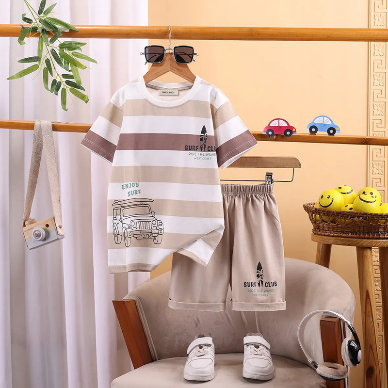 Boys Khaki Stripes And Graphic Print T-Shirt With Elasticated Shorts Sets 2 pc. Sets Khaki 3-4 Y