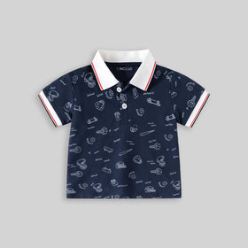 Boys Navy Blue Sports Graphics Casual Polo T-Shirt Tshirts