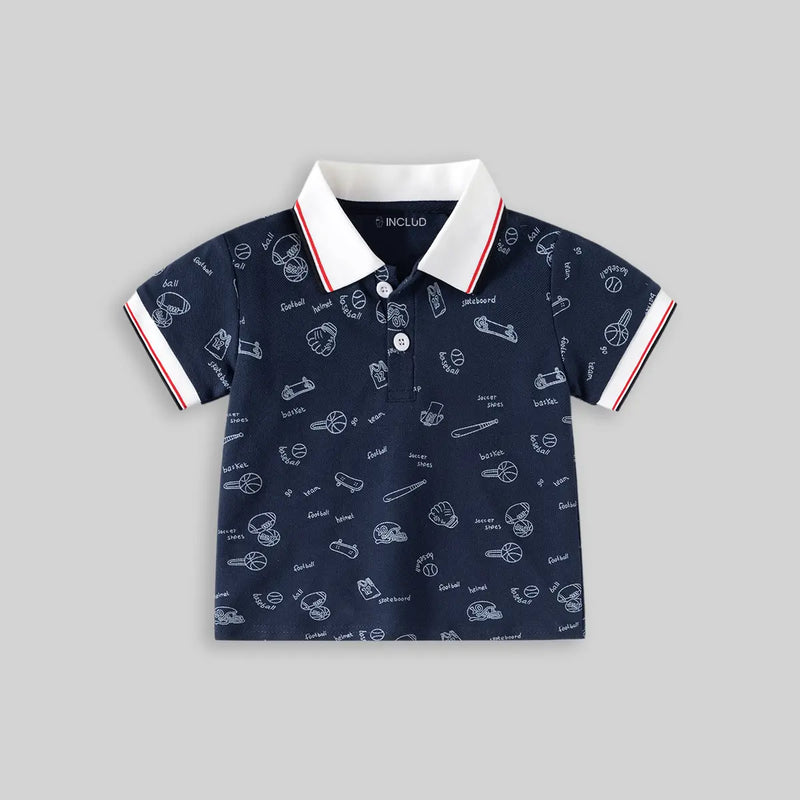 Boys Navy Blue Sports Graphics Casual Polo T-Shirt Tshirts
