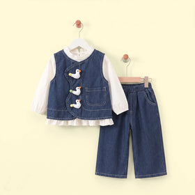 Girls Blue Applique Denim Vest With Top And Pants Sets 3 pc. Sets Blue 1-2 Y