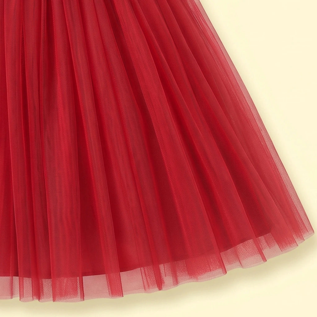 Girls red sleeveless party gown with tulle skirt and applique