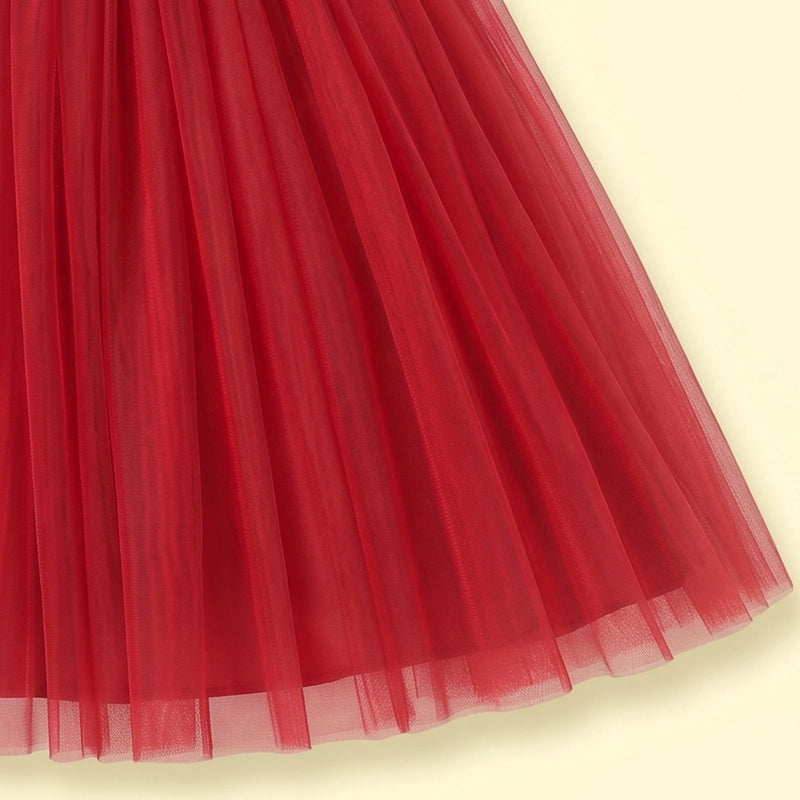 Girls red sleeveless party gown with tulle skirt and applique
