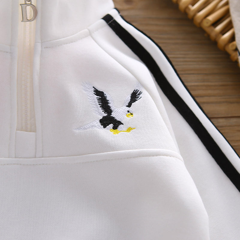 Boys White Eagle Embroidered Sweatshirt With Sling Bag and Pants Set Sets