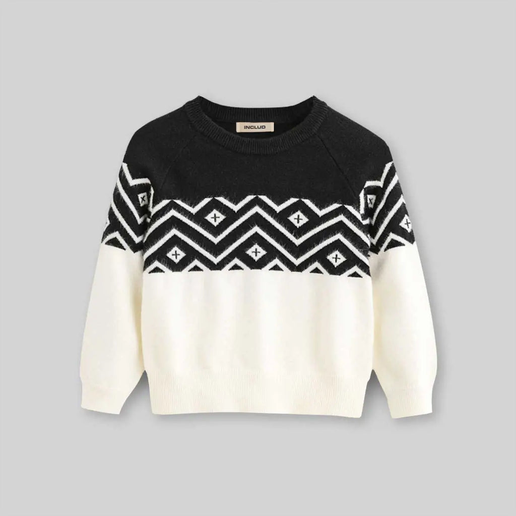 Boys Off White Sweater With Self-Design Retro Splicing Patterns Sweaters & Cardigans